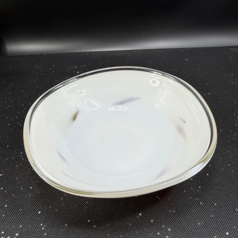 Vintage 1980s Venetian Blown Glass Dish Bowl White with Red Purple Swirls 6 Inch